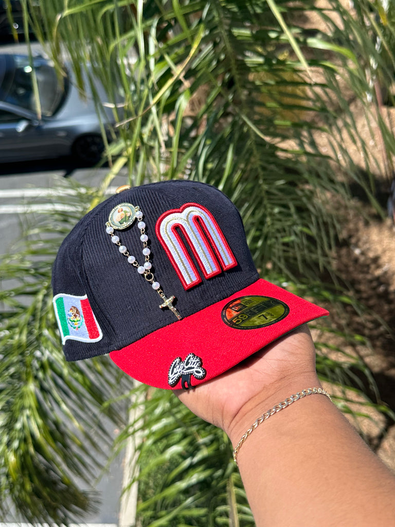 NEW ERA EXCLUSIVE 59FIFTY NAVY CORDUROY/RED MEXICO TWO TONE W/ MEXICO FLAG SIDE PATCH (GREEN UV)
