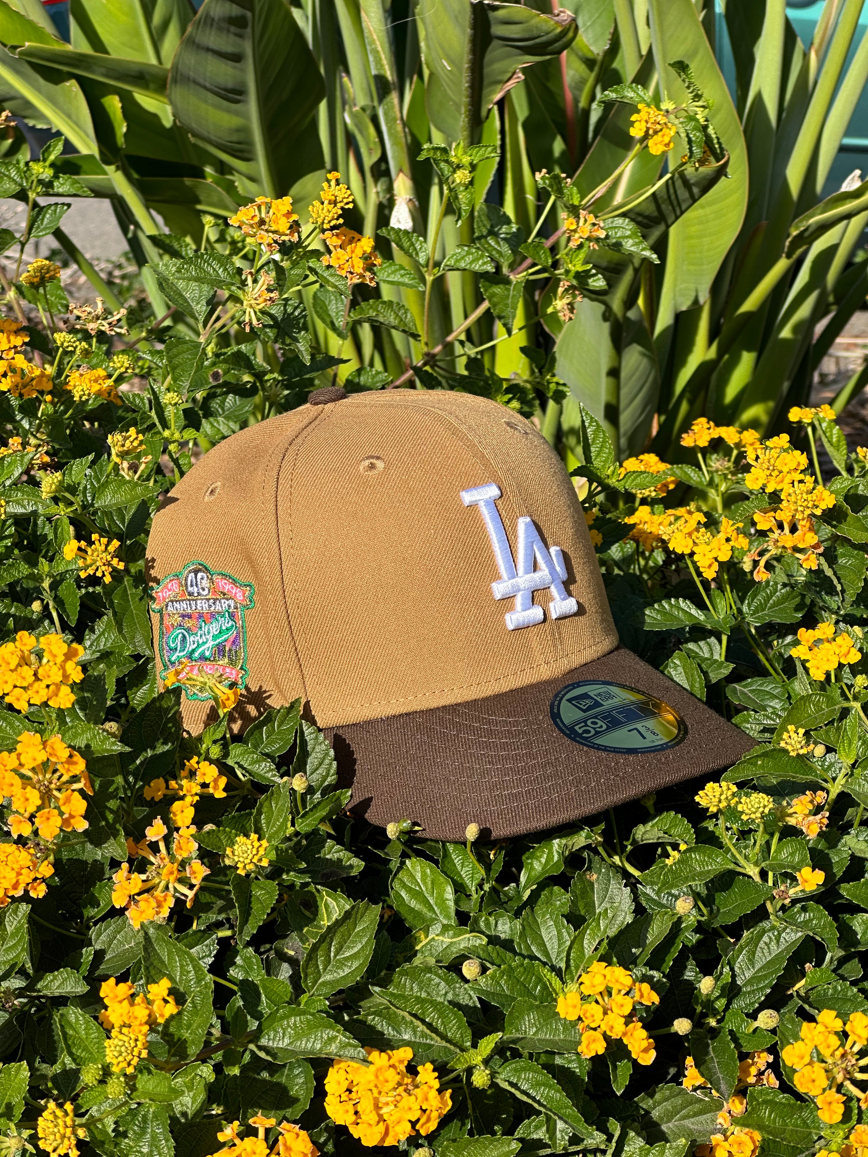 NEW ERA EXCLUSIVE 59FIFTY TAN/WALNUT LOS ANGELES DODGERS W/ 40TH ANNIVERSARY PATCH
