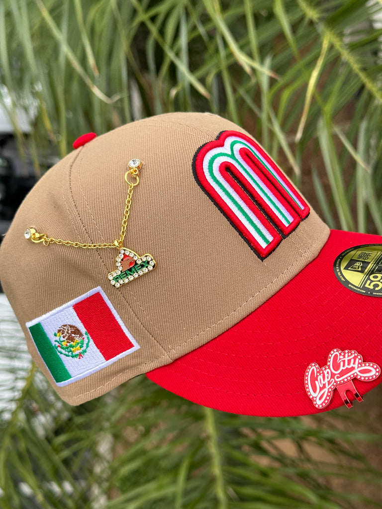 NEW ERA EXCLUSIVE 59FIFTY KHAKI/RED MEXICO 2TONE W/ MEXICO FLAG PATCH (GREY UV) VERY LIMITED