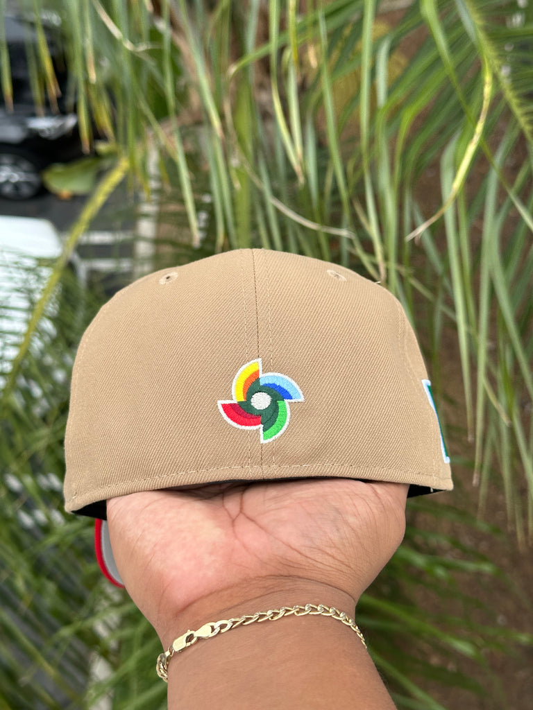NEW ERA EXCLUSIVE 59FIFTY KHAKI/RED MEXICO 2TONE W/ MEXICO FLAG PATCH (GREY UV) VERY LIMITED