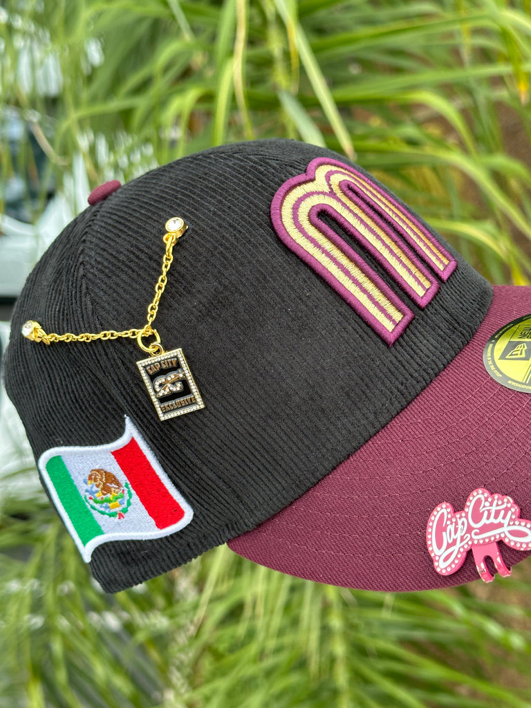 NEW ERA EXCLUSIVE 59FIFTY CORDUROY/BURGUNDY MEXICO 2TONE W/ MEXICO FLAG PATCH (GREEN UV) VERY LIMITED *BLIP & CHAIN NOT INCLUDED