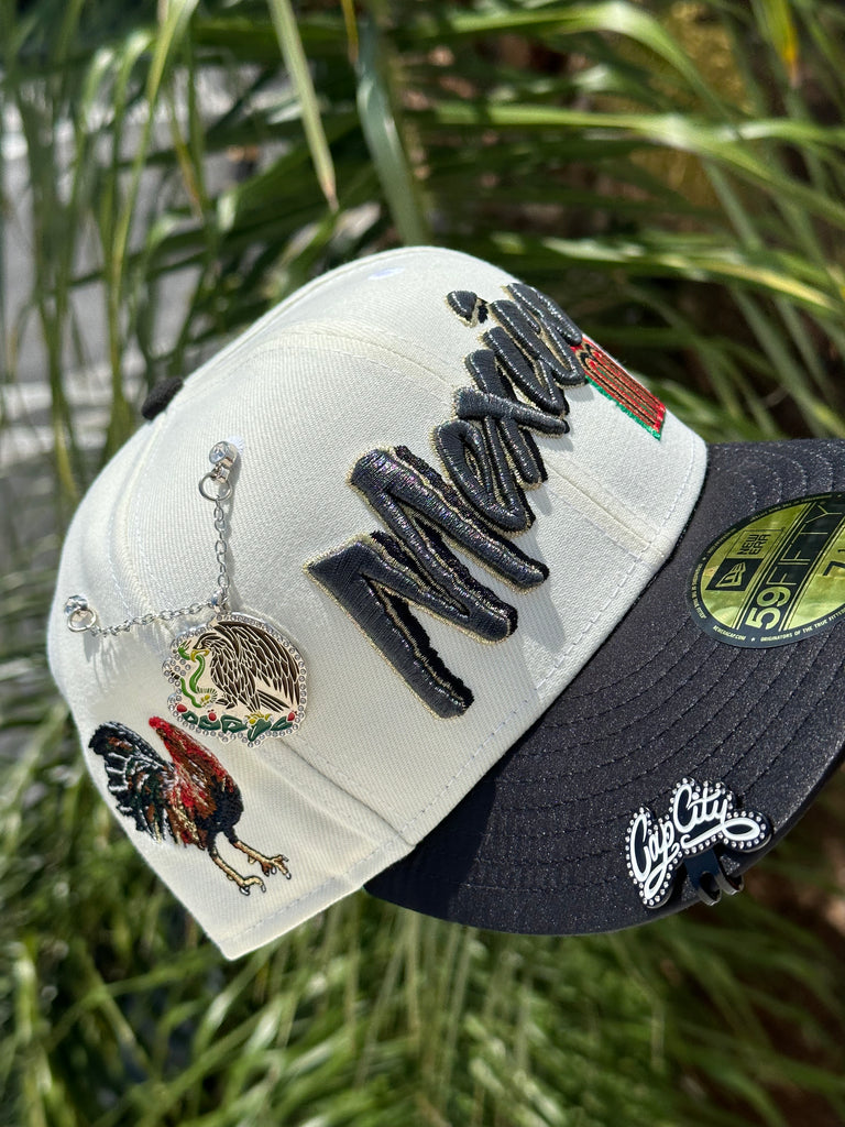 NEW ERA EXCLUSIVE 59FIFTY CHROME WHITE/ BLACK MEXICO SCRIPT W/ "EL GALLO" SIDEPATCH (GREEN UV) VERY LIMITED *BLIP & CHAIN NOT INCLUDED