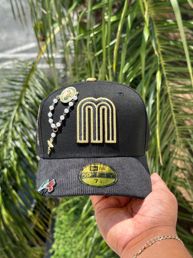 NEW ERA EXCLUSIVE 59FIFTY BLACK/CORDUROY MEXICO 2TONE W/ "EL GALLO" SIDEPATCH (GOLD UV) VERY LIMITED *BLIP & CHAIN NOT INCLUDED