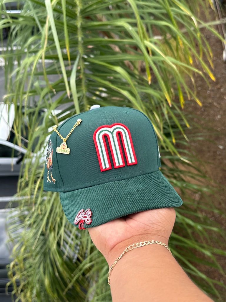 NEW ERA EXCLUSIVE 9FIFTY FOREST GREEN CORDUROY MEXICO 2TONE SNAPBACK W/ "EL GALLO" SIDEPATCH (RED UV)