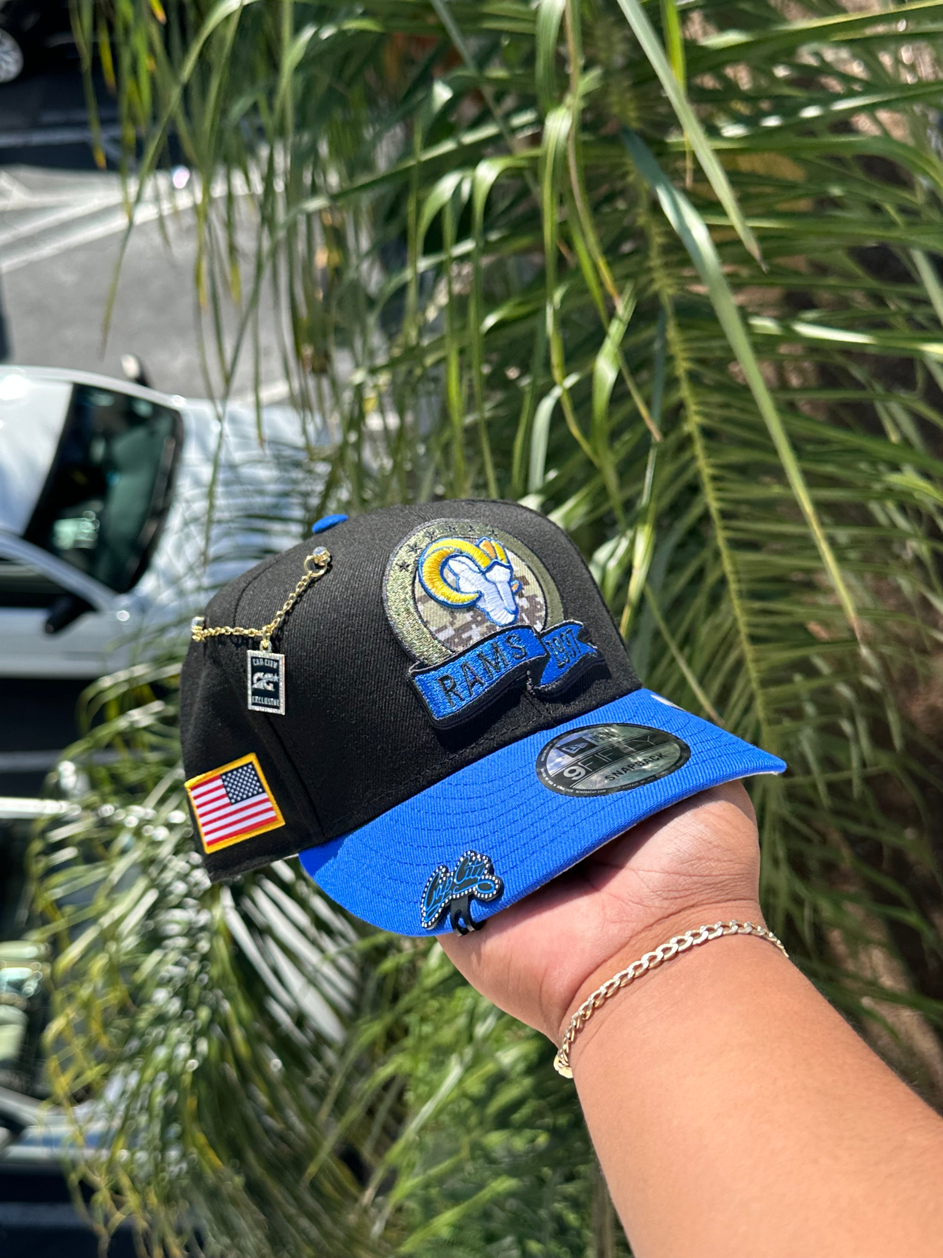 NEW ERA EXCLUSIVE 9FIFTY BLACK/BLUE LOS ANGELES RAMS W/ AMERICAN FLAG PATCH