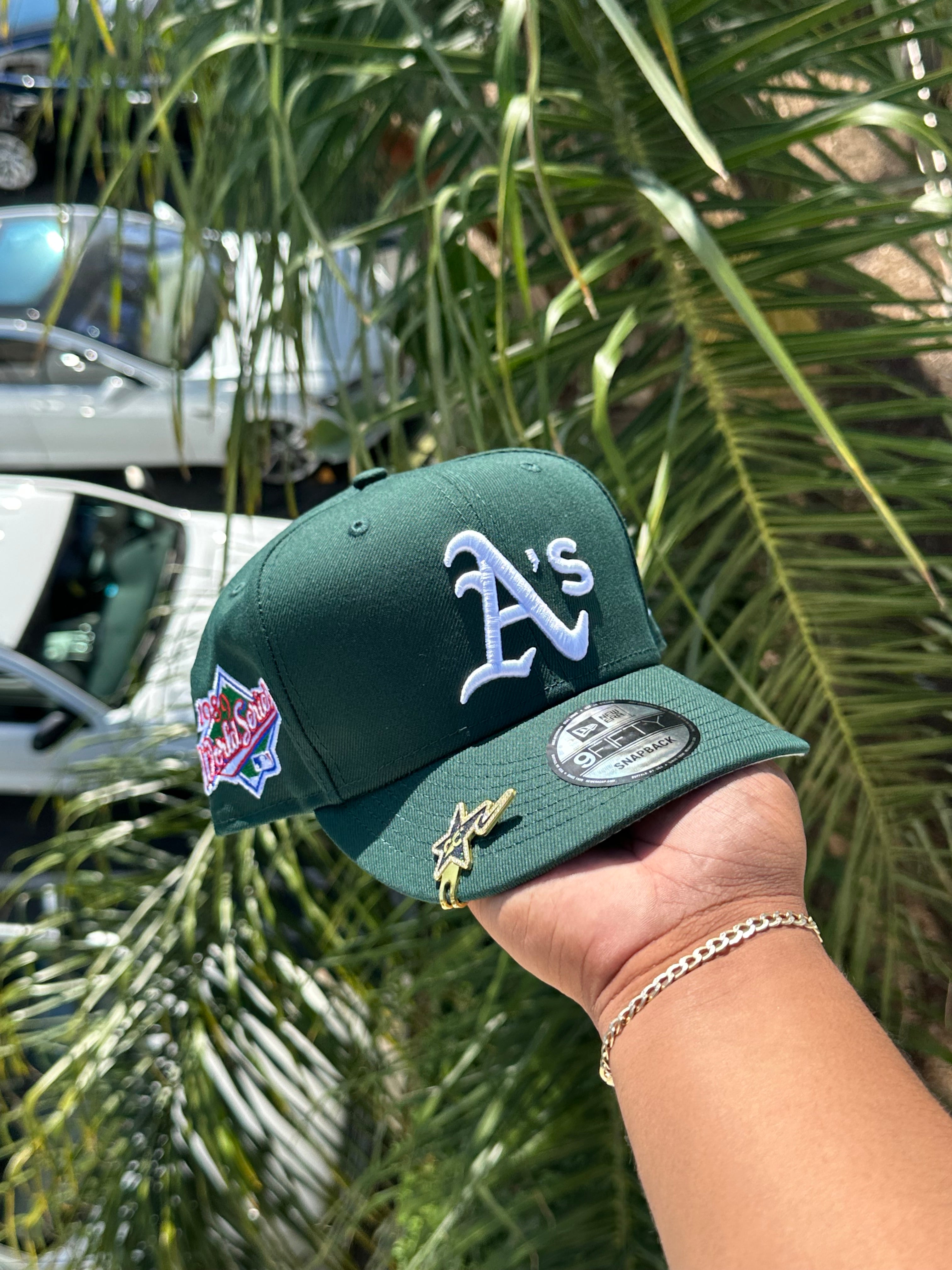 NEW ERA EXCLUSIVE 9FIFTY FOREST GREEN OAKLAND A'S SNAPBACK W/ 1989 WORLD SERIES PATCH