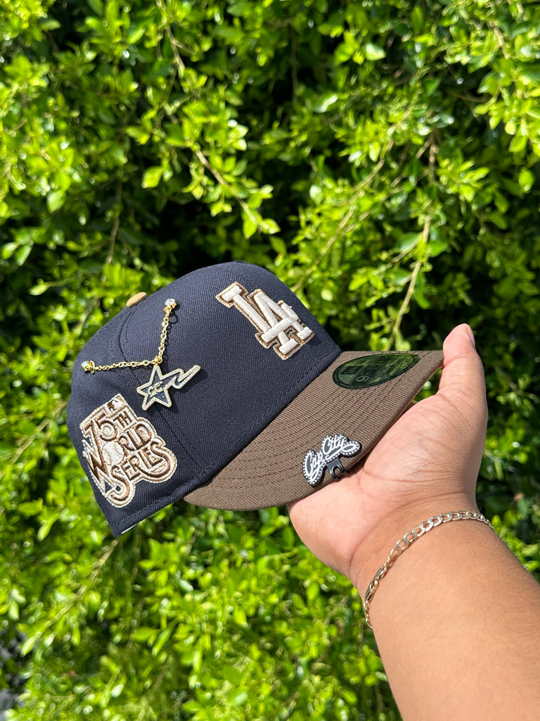 NEW ERA EXCLUSIVE 9FIFTY NAVY/WALNUT LOS ANGELES DODGERS SNAPBACK W/ 75TH WORLD SERIES PATCH (LIGHT BROWN UV)