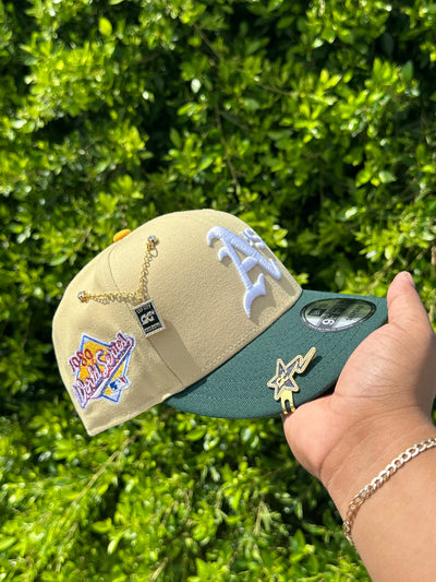 NEW ERA EXCLUSIVE 9FIFTY CREAM/FOREST GREEN OAKLAND A'S SNAPBACK W/ 1989 WORLD SERIES PATCH (GREEN UV) VERY LIMITED