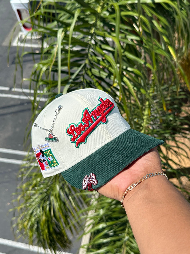 NEW ERA EXCLUSIVE 59FIFTY CHROME WHITE/GREEN CORDUROY LOS ANGELES DODGERS SCRIPT W/ "JACKIE ROBINSON" SIDE PATCH (RED UV)