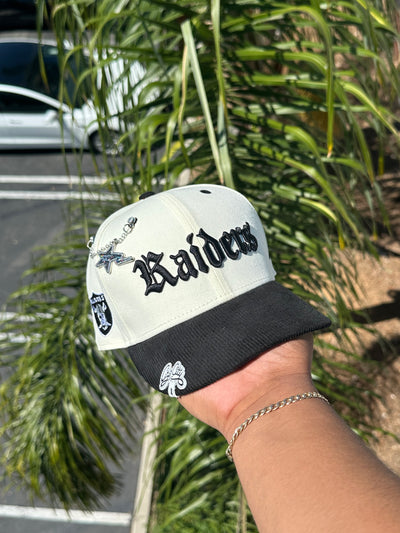 NEW ERA EXCLUSIVE 59FIFTY CHROME/CORDUROY LAS VEGAS RAIDERS SCRIPT W/ RAIDERS LOGO SIDEPATCH (GREEN UV)