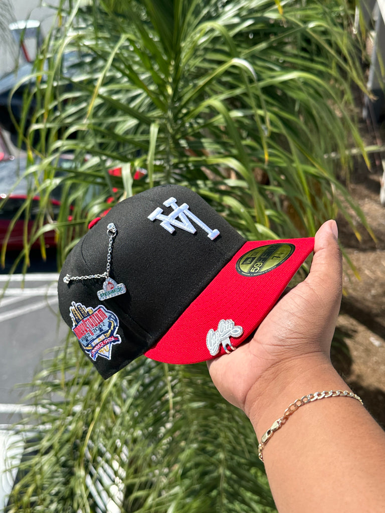 NEW ERA EXCLUSIVE 59FIFTY BLACK/RED UPSIDE DOWN LOS ANGELES DODGERS W/ 40TH ANNIVERSARY PATCH (GREY UV) VERY LIMITED