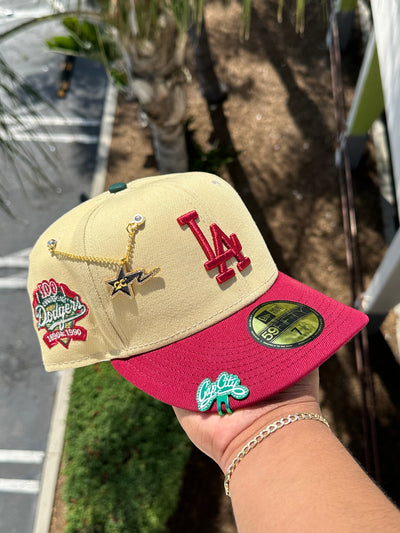 NEW ERA EXCLUSIVE 59FIFTY VEGAS GOLD/BURGUNDY LOS ANGELES DODGERS W/ 100TH ANNIVERSARY PATCH (OLIVE UV)