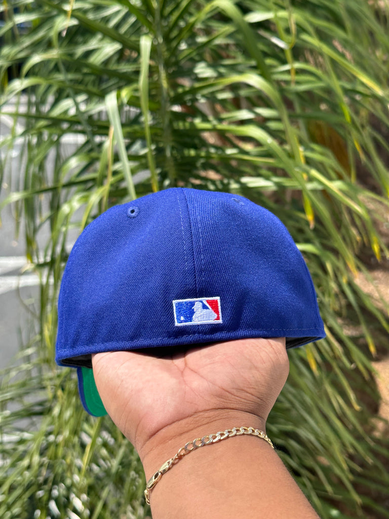 NEW ERA EXCLUSIVE 59FIFTY BLUE LOS ANGELES DODGERS "1958 MLB SCRIPT" W/ 40TH ANNIVERSARY PATCH (GREEN UV)