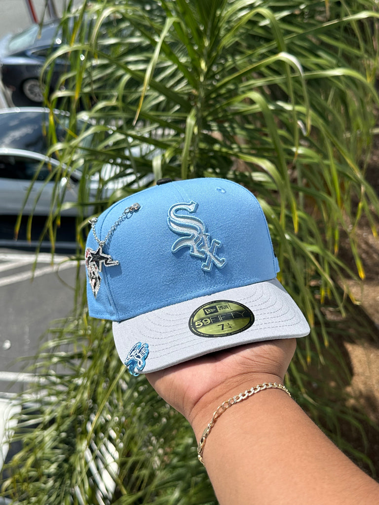 NEW ERA EXCLUSIVE 59FIFTY SKY BLUE/GREY CHICAGO WHITE SOX W/ 1950 ASG SIDE PATCH (BLACK UV)