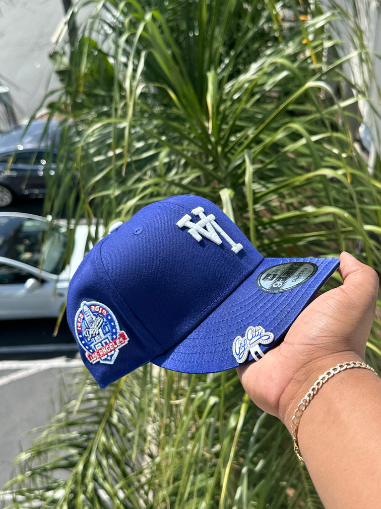 NEW ERA EXCLUSIVE 9FIFTY BLUE/SATIN UPSIDE DOWN LOS ANGELES DODGERS SNAPBACK W/ 60TH ANNIVERSARY PATCH (GREY UV)