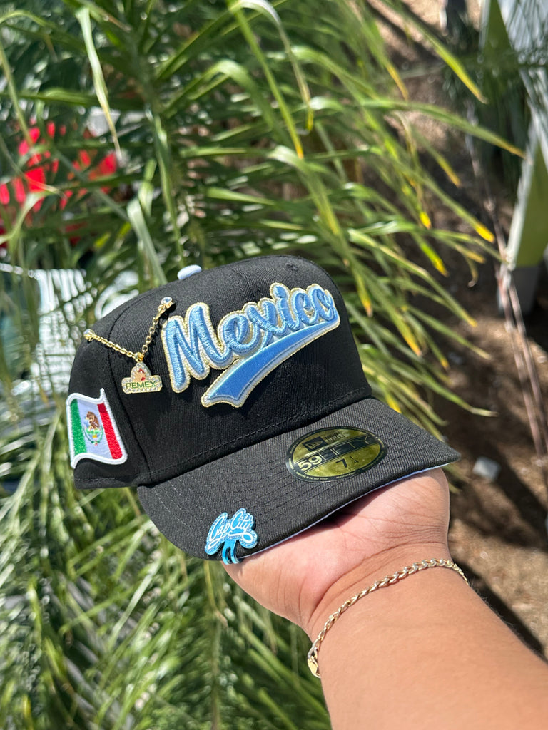 NEW ERA EXCLUSIVE 59FIFTY BLACK MEXICO SCRIPT W/ MEXICO FLAG PATCH (ICY UV) VERY LIMITED