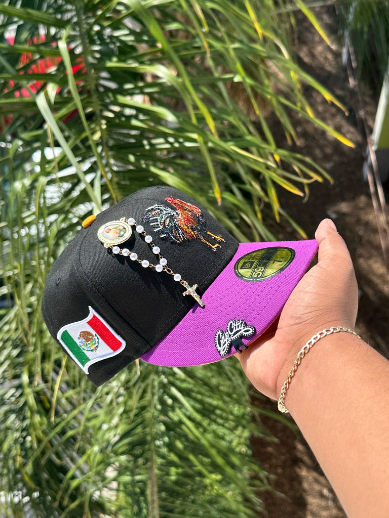 NEW ERA EXCLUSIVE 59FIFTY BLACK/PURPLE MEXICO "EL GALLO" W/ MEXICO FLAG PATCH (YELLOW UV) VERY LIMITED