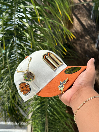 NEW ERA EXCLUSIVE 59FIFTY CHROME WHITE/ORANGE MEXICO 2TONE W/ AZTEC SIDE PATCH (GREY UV) VERY LIMITED
