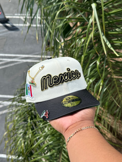 NEW ERA EXCLUSIVE 59FIFTY CHROME WHITE/SATIN MEXICO SCRIPT TWO TONE W/ MEXICO SIDE PATCH (GREEN UV) VERY LIMITED