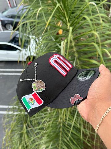 NEW ERA EXCLUSIVE 9FIFTY BLACK/SATIN MEXICO TWO TONE SNAPBACK W/ MEXICO FLAG SIDEPATCH (MAROON RED UV)