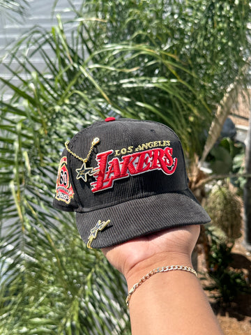 NEW ERA EXCLUSIVE 59FIFTY CORDUROY LOS ANGELES LAKERS SCRIPT W/ 60TH ANNIVERSARY SIDEPATCH + 2020 CHAMPS PATCH (RED UV)