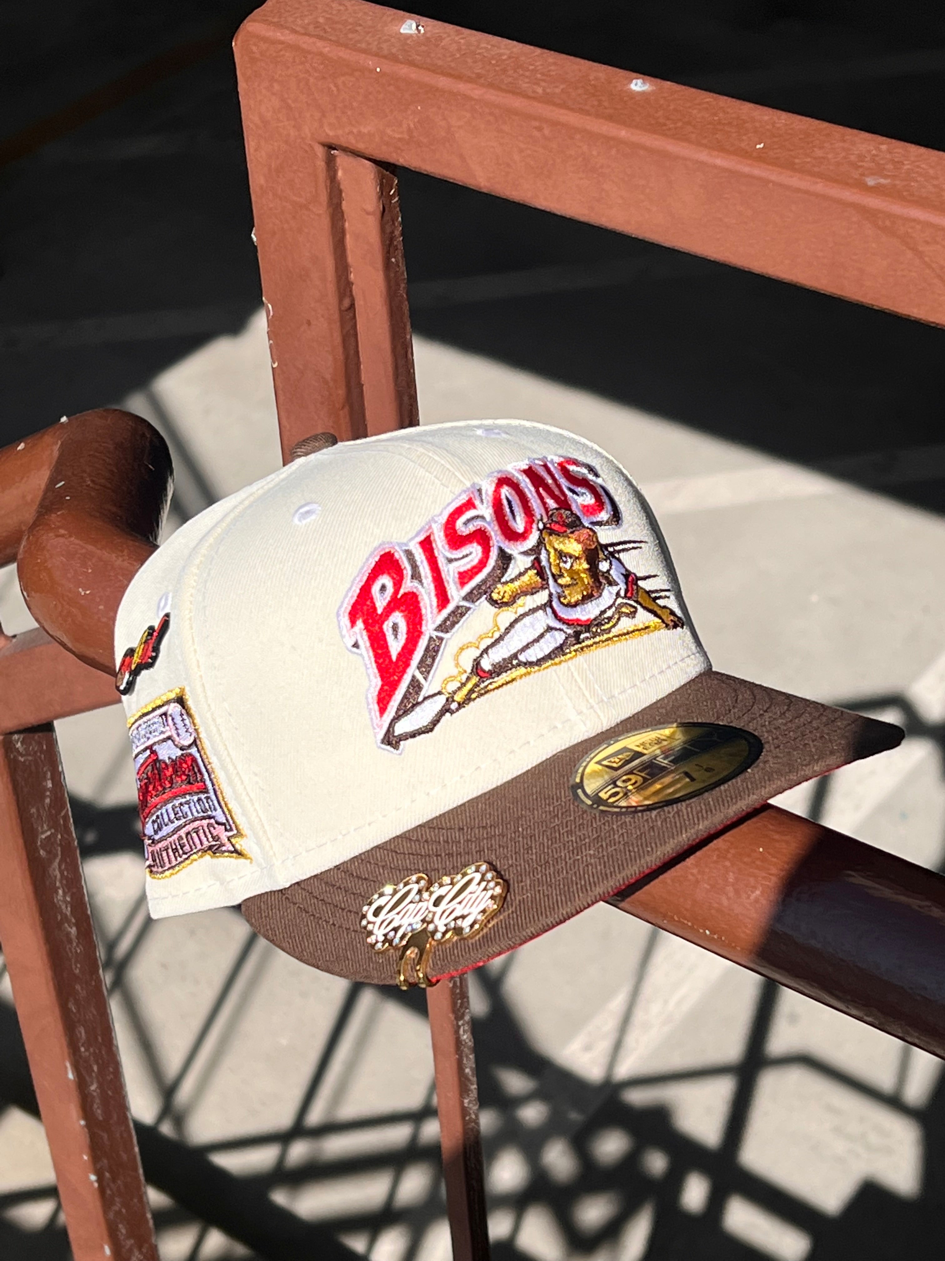 NEW ERA EXCLUSIVE 59FIFTY WHITE/BROWN BUFFALO BISONS W/ HOMETOWN COLLECTION PATCH