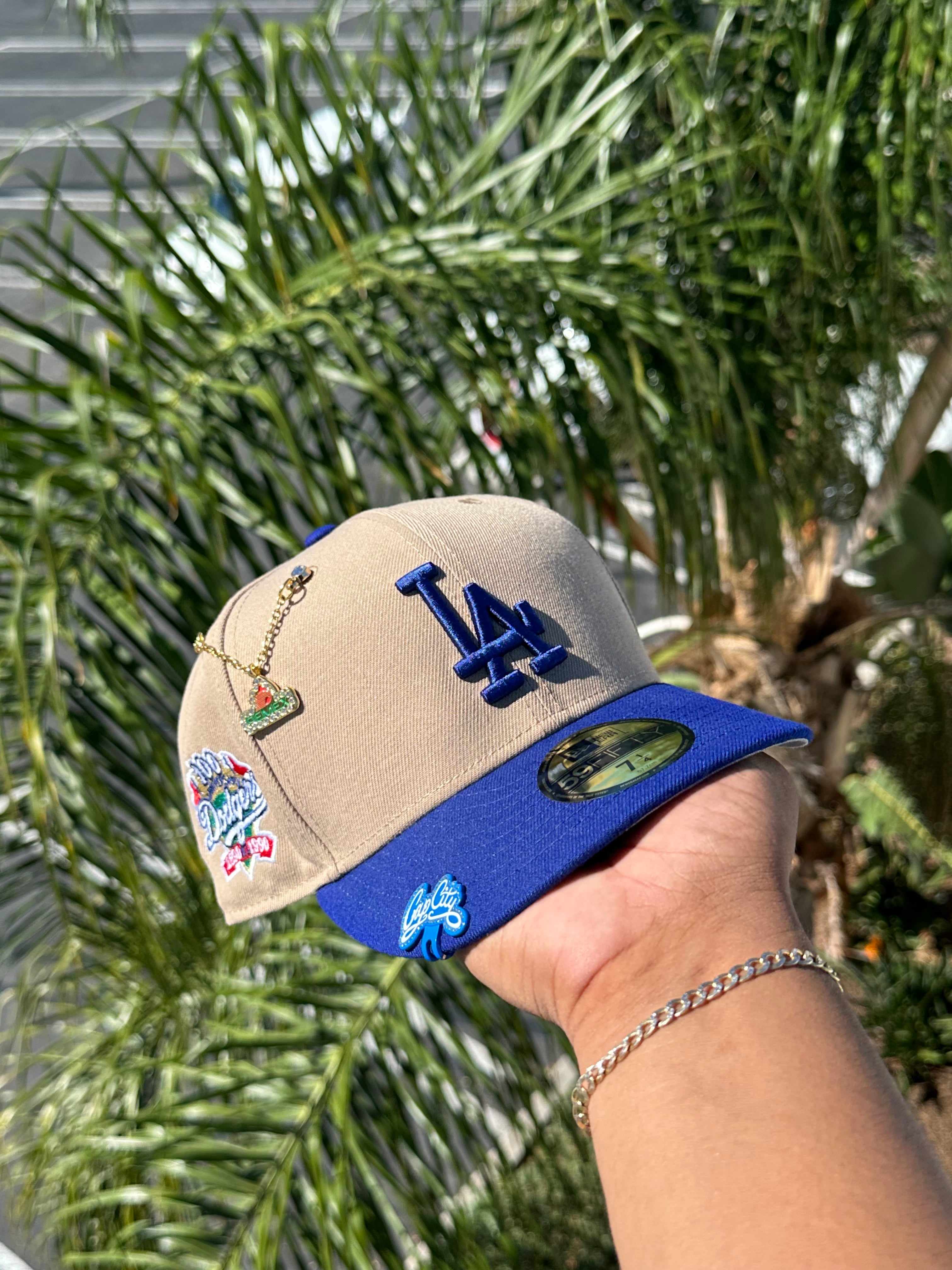 NEW ERA EXCLUSIVE 59FIFTY KHAKI/BLUE LOS ANGELES DODGERS W/ 100TH ANNIVERSARY PATCH