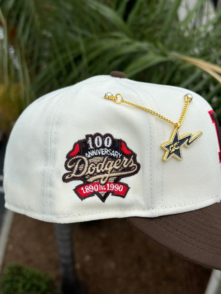 NEW ERA EXCLUSIVE 59FIFTY CHROME WHITE/WALNUT LOS ANGELES DODGERS W/ 100TH ANNIVERSARY PATCH (RED UV)