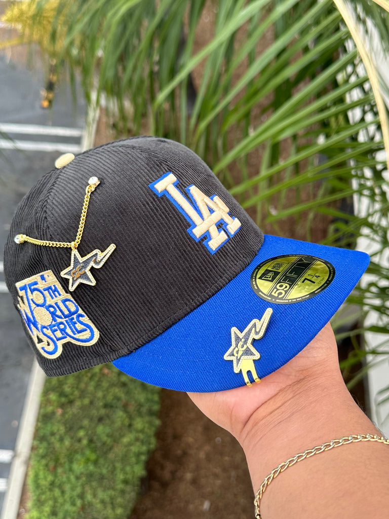 NEW ERA EXCLUSIVE 59FIFTY CORDUROY/BLUE LOS ANGELES DODGERS W/ 75TH WORLD SERIES PATCH (CREAM UV)