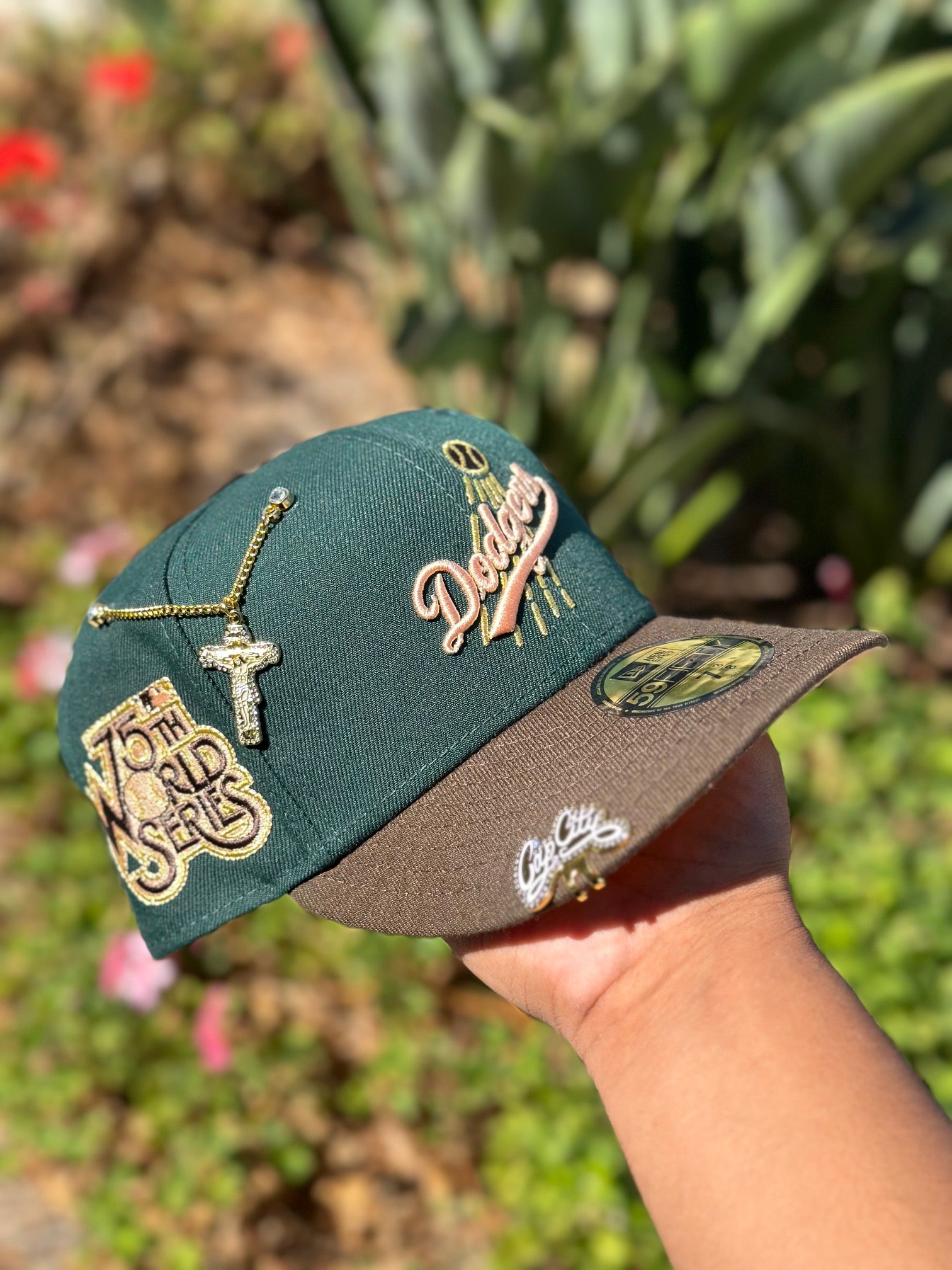 NEW ERA EXCLUSIVE 59FIFTY FOREST GREEN/WALNUT LOS ANGELES DODGERS W/ 75TH WORLD SERIES SIDE PATCH