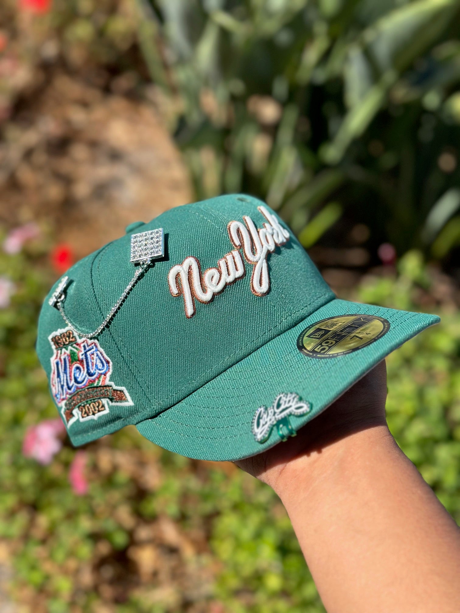 NEW ERA EXCLUSIVE 59FIFTY PINE GREEN NEW YORK METS SCRIPT W/ 40TH ANNIVERSARY SIDE PATCH