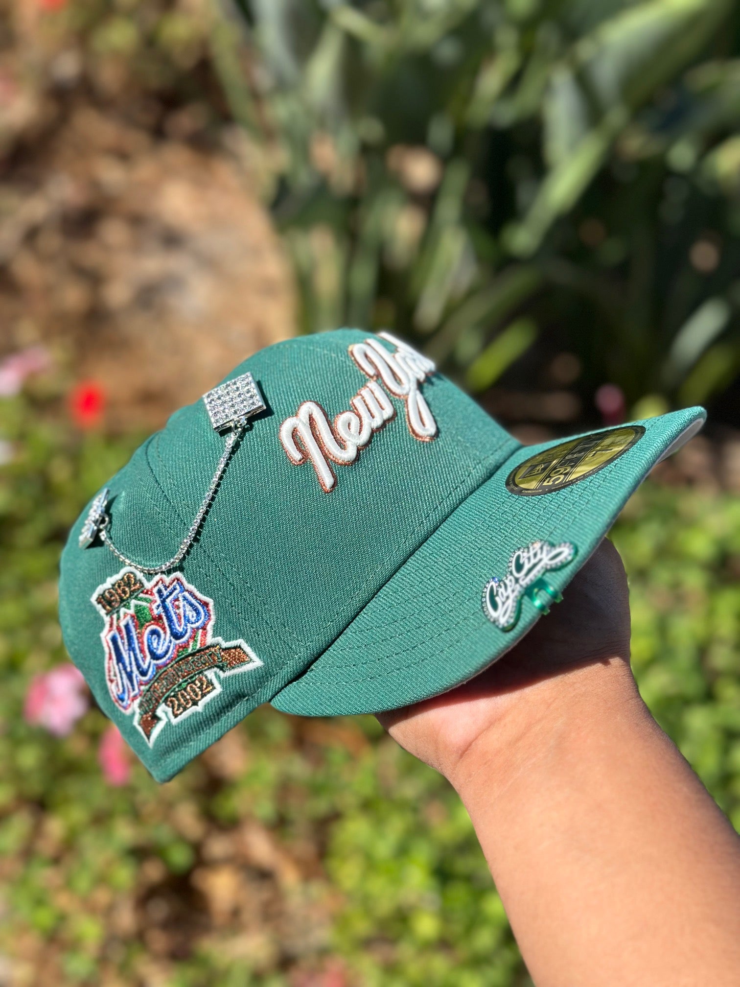 NEW ERA EXCLUSIVE 59FIFTY PINE GREEN NEW YORK METS SCRIPT W/ 40TH ANNIVERSARY SIDE PATCH