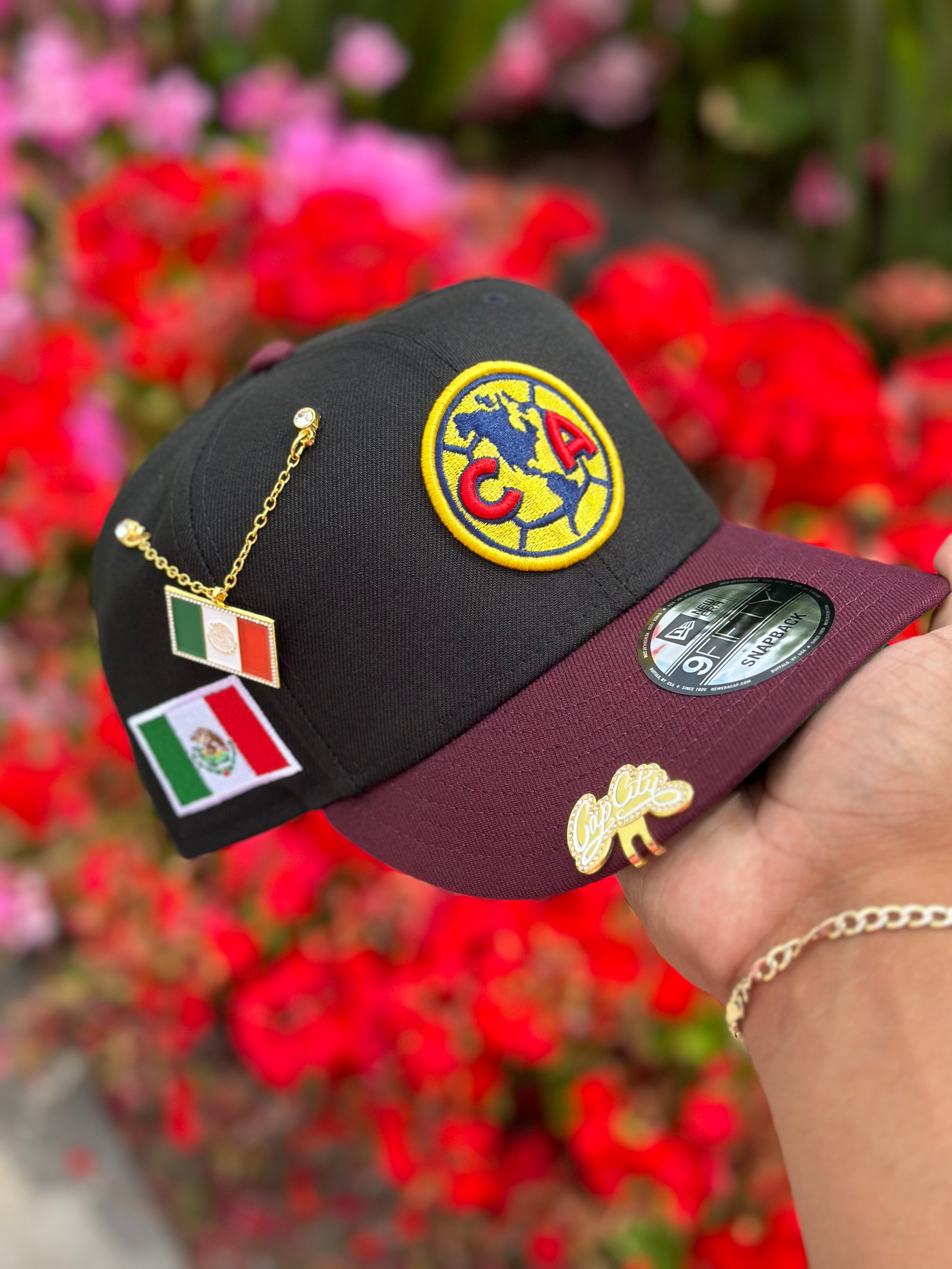 NEW ERA EXCLUSIVE 9FIFTY BLACK/BURGUNDY "CLUB AMERICA" SNAPBACK W/ MEXICO FLAG SIDE PATCH