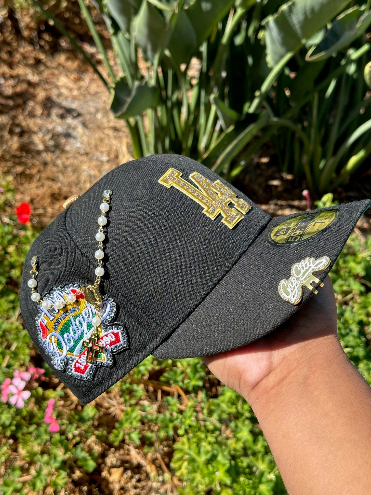 NEW ERA EXCLUSIVE 59FIFTY BLACK LOS ANGELES DODGERS W/ RHINESTONES + 100TH ANNIVERSARY SIDE PATCH