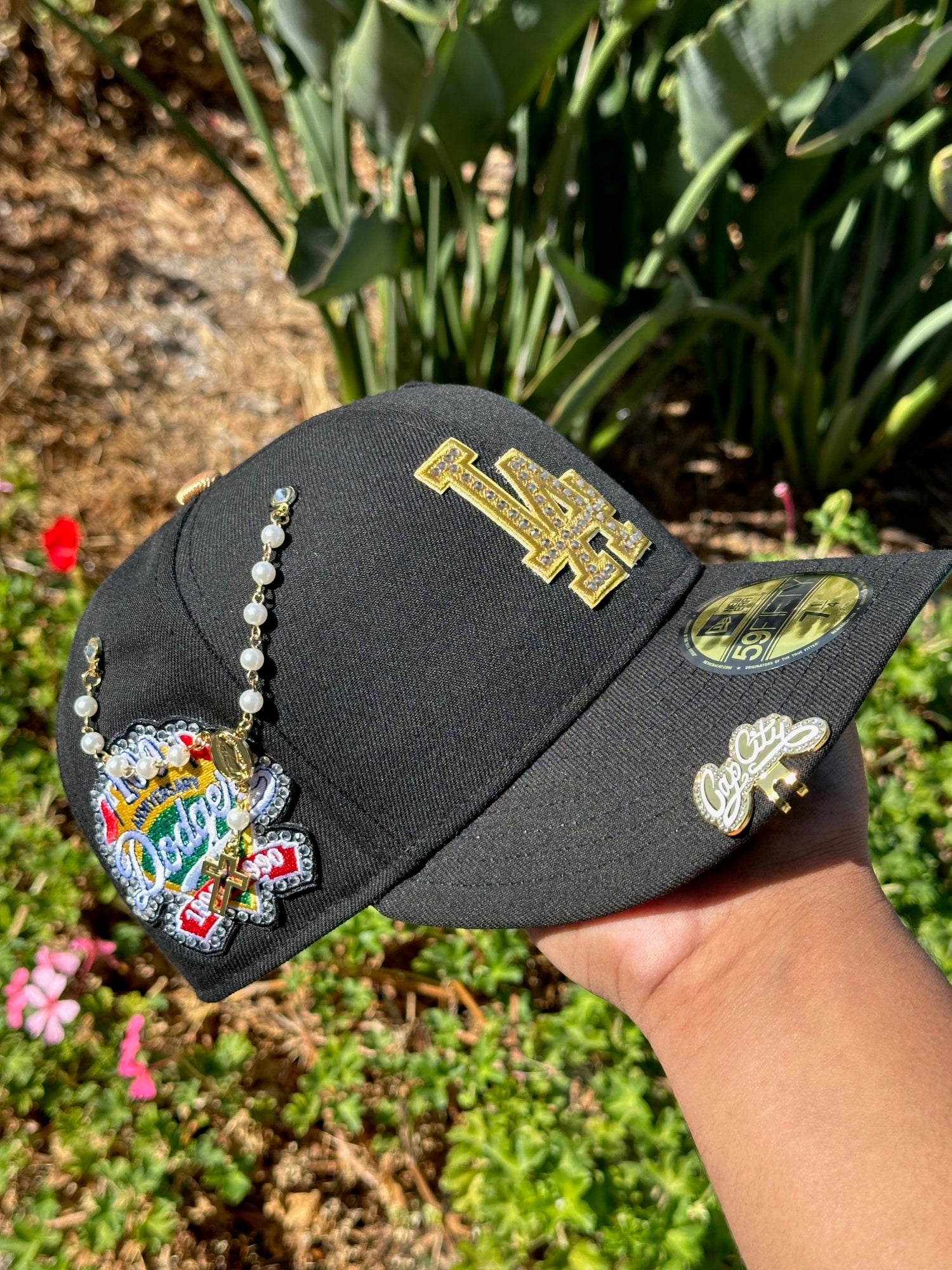 NEW ERA EXCLUSIVE 59FIFTY BLACK LOS ANGELES DODGERS W/ RHINESTONES + 100TH ANNIVERSARY SIDE PATCH