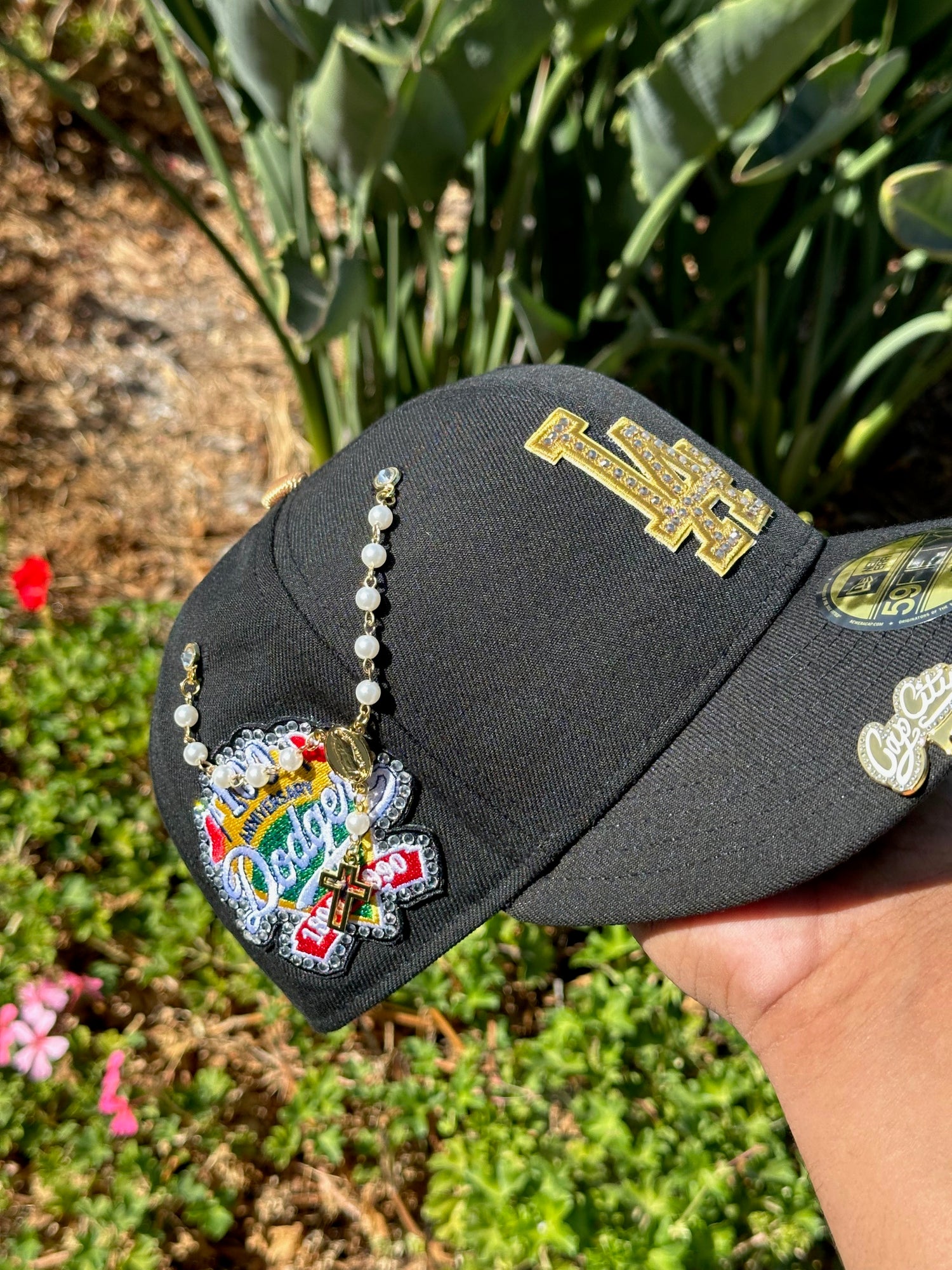 NEW ERA EXCLUSIVE 59FIFTY BLACK LOS ANGELES DODGERS W/ RHINESTONES + 100TH ANNIVERSARY SIDE PATCH