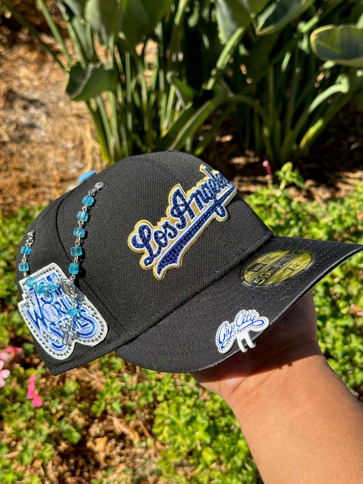 NEW ERA EXCLUSIVE 59FIFTY BLACK/SATIN LOS ANGELES DODGERS SCRIPT W/ RHINESTONES + 75TH WORLD SERIES SIDE PATCH