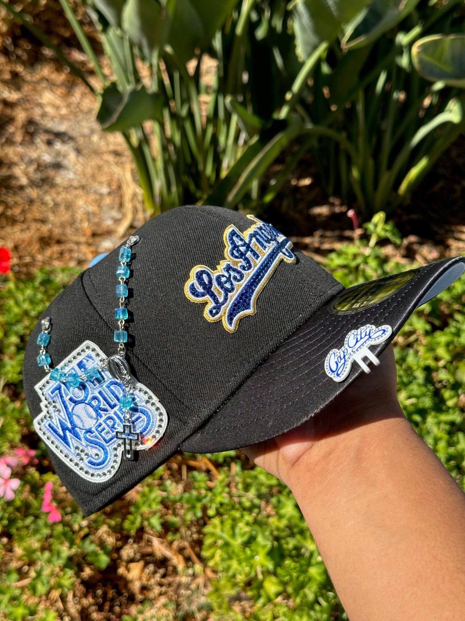 NEW ERA EXCLUSIVE 59FIFTY BLACK/SATIN LOS ANGELES DODGERS SCRIPT W/ RHINESTONES + 75TH WORLD SERIES SIDE PATCH