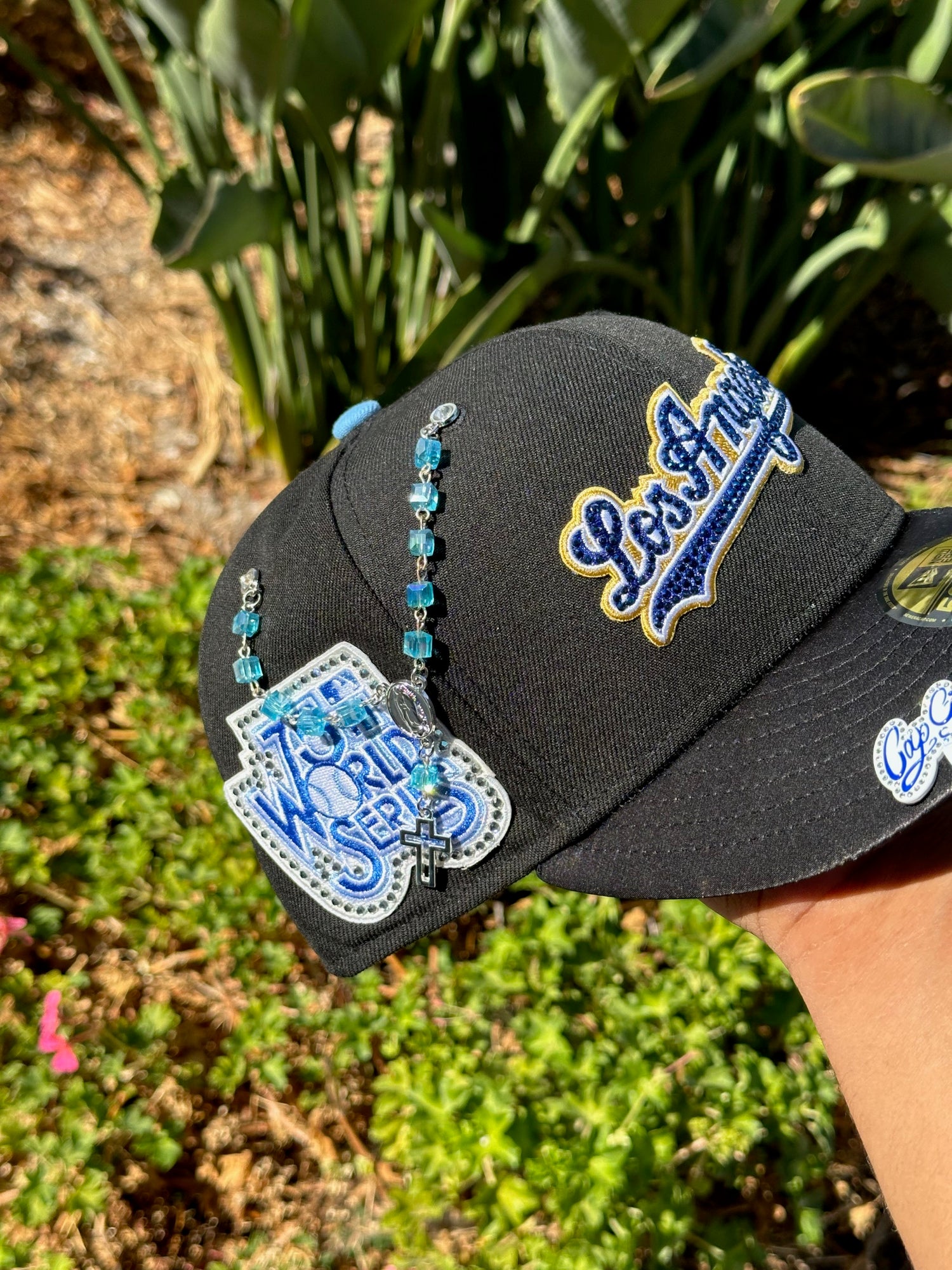 NEW ERA EXCLUSIVE 59FIFTY BLACK/SATIN LOS ANGELES DODGERS SCRIPT W/ RHINESTONES + 75TH WORLD SERIES SIDE PATCH