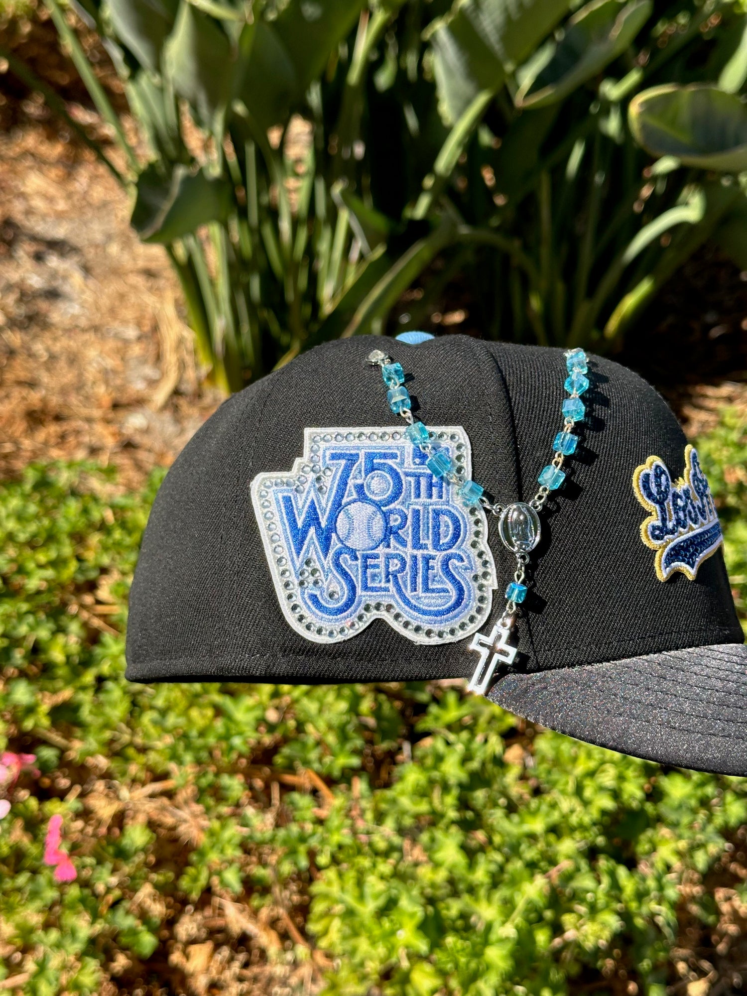 NEW ERA EXCLUSIVE 59FIFTY BLACK/SATIN LOS ANGELES DODGERS SCRIPT W/ RHINESTONES + 75TH WORLD SERIES SIDE PATCH