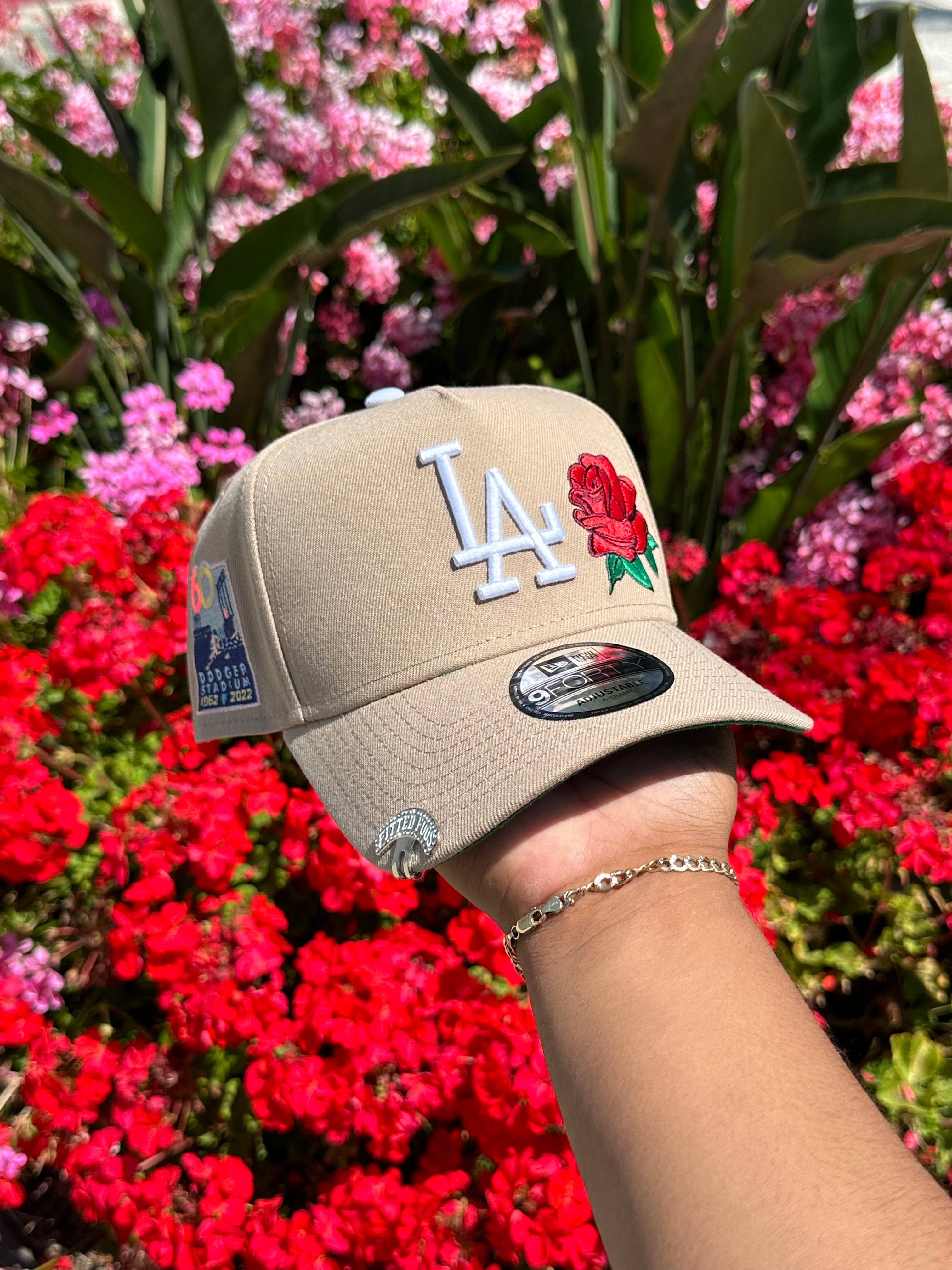 NEW ERA EXCLUSIVE 9FORTY A-FRAME KHAKI LOS ANGELES DODGERS W/ ROSE + DODGER STADIUM SIDE PATCH