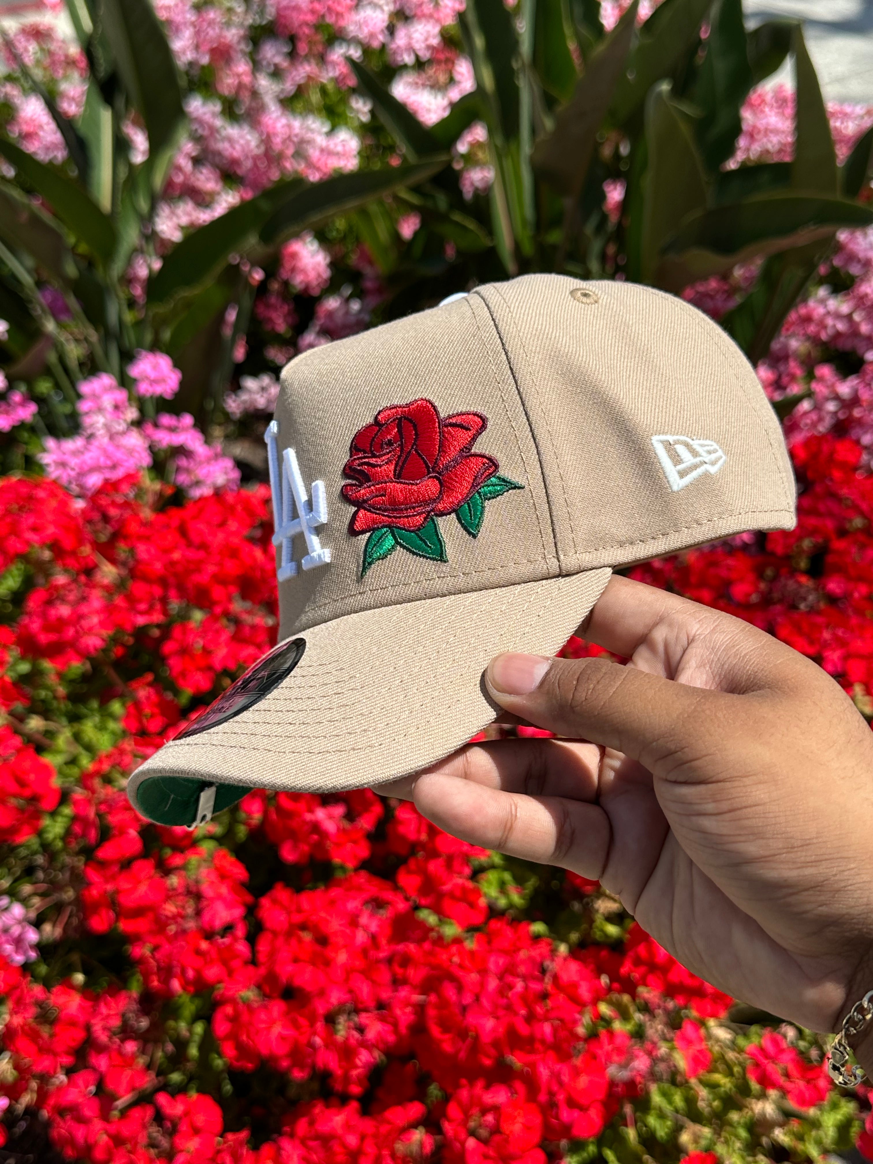 NEW ERA EXCLUSIVE 9FORTY A-FRAME KHAKI LOS ANGELES DODGERS W/ ROSE + DODGER STADIUM SIDE PATCH