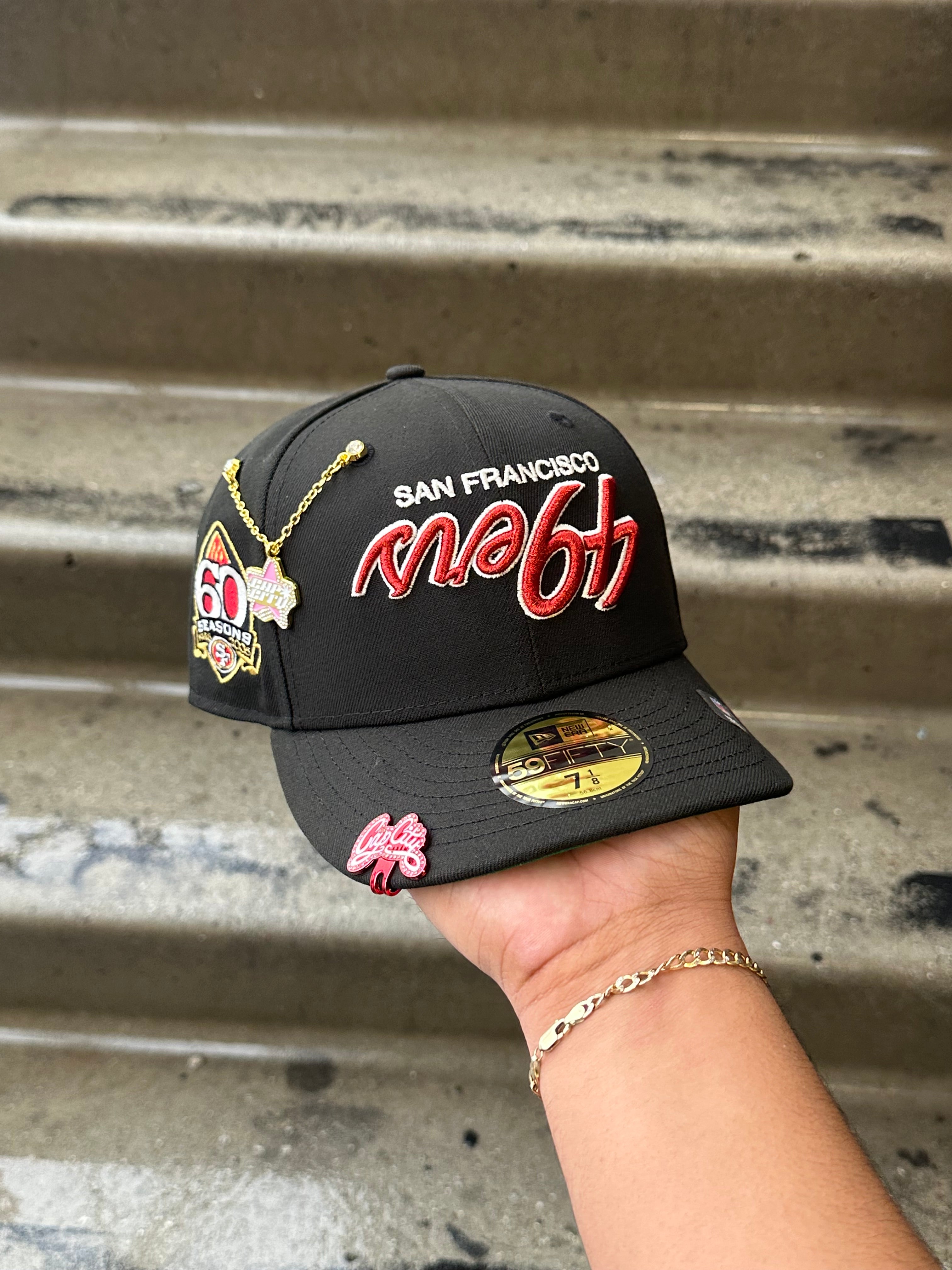 NEW ERA EXCLUSIVE 59FIFTY BLACK UPSIDE DOWN "SAN FRANSICO 49ERS" SCRIPT W/ 60TH ANNIVERSARY SIDEPATCH + 6X CHAMPIONS PATCH