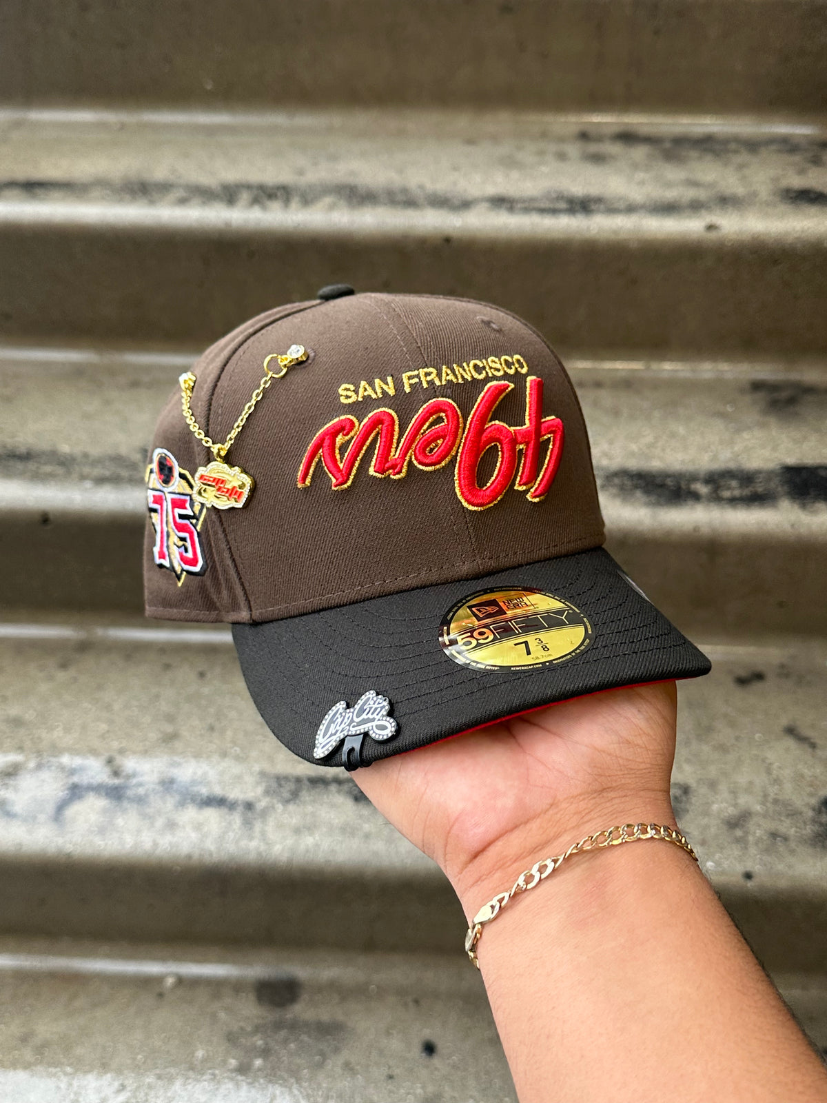 NEW ERA EXCLUSIVE 59FIFTY MOCHA/BLACK UPSIDE DOWN SAN FRANSICO "49ERS" SCRIPT W/ 75TH SEASON SIDE PATCH