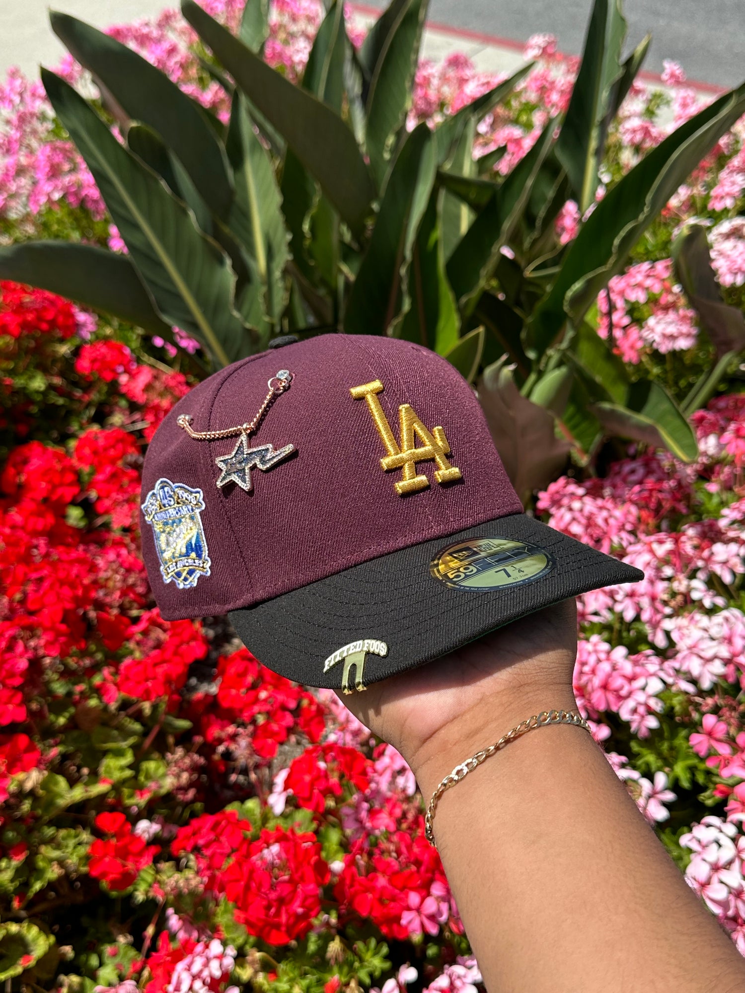 NEW ERA EXCLUSIVE 59FIFTY MAROON RED/BLACK LOS ANGELES DODGERS W/ 40TH ANNIVERSARY SIDE PATCH