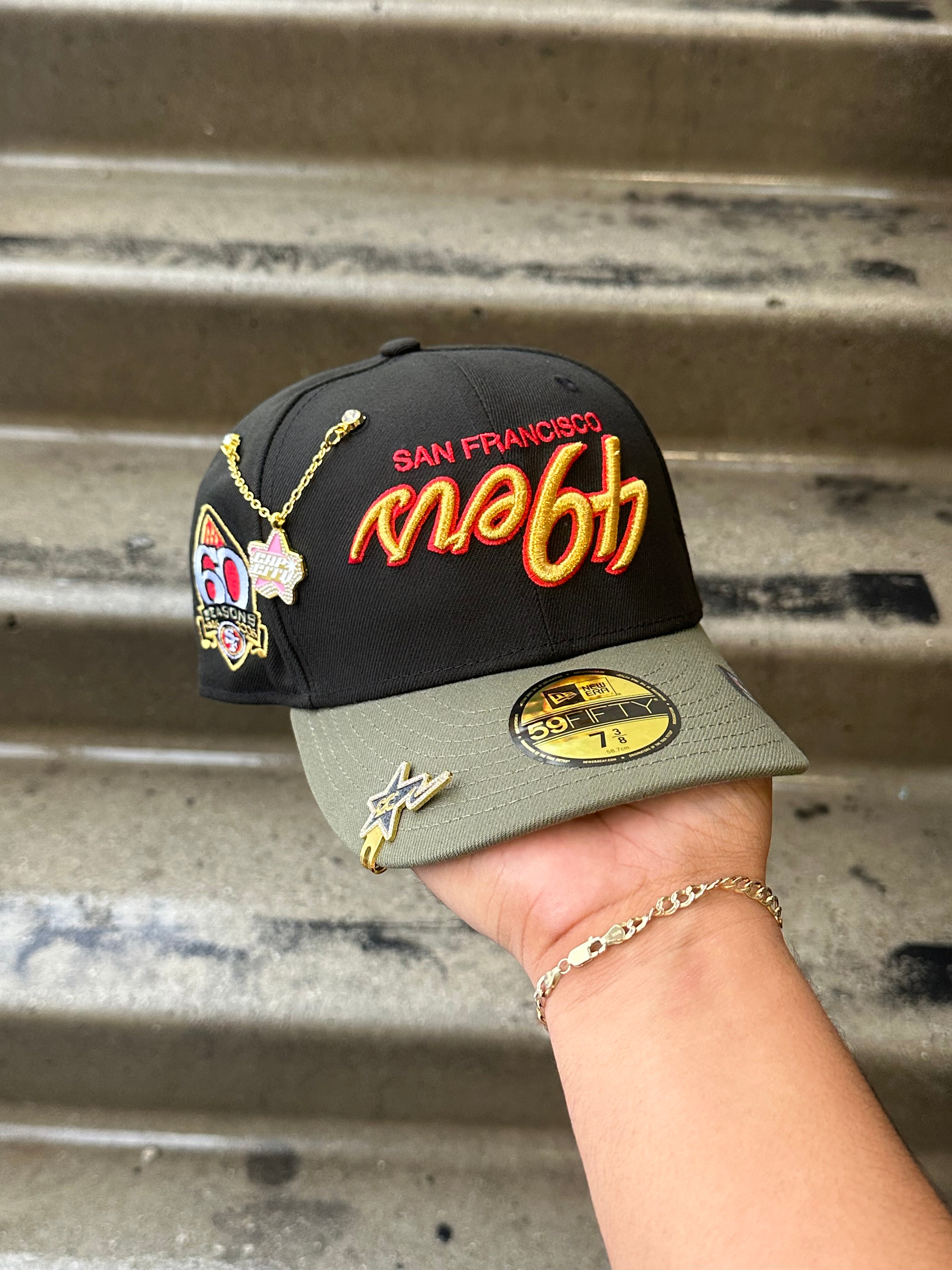 NEW ERA EXCLUSIVE 59FIFTY BLACK/OLIVE UPSIDE DOWN SAN FRANSICO "49ERS" SCRIPT W/ 60TH SEASON SIDE PATCH