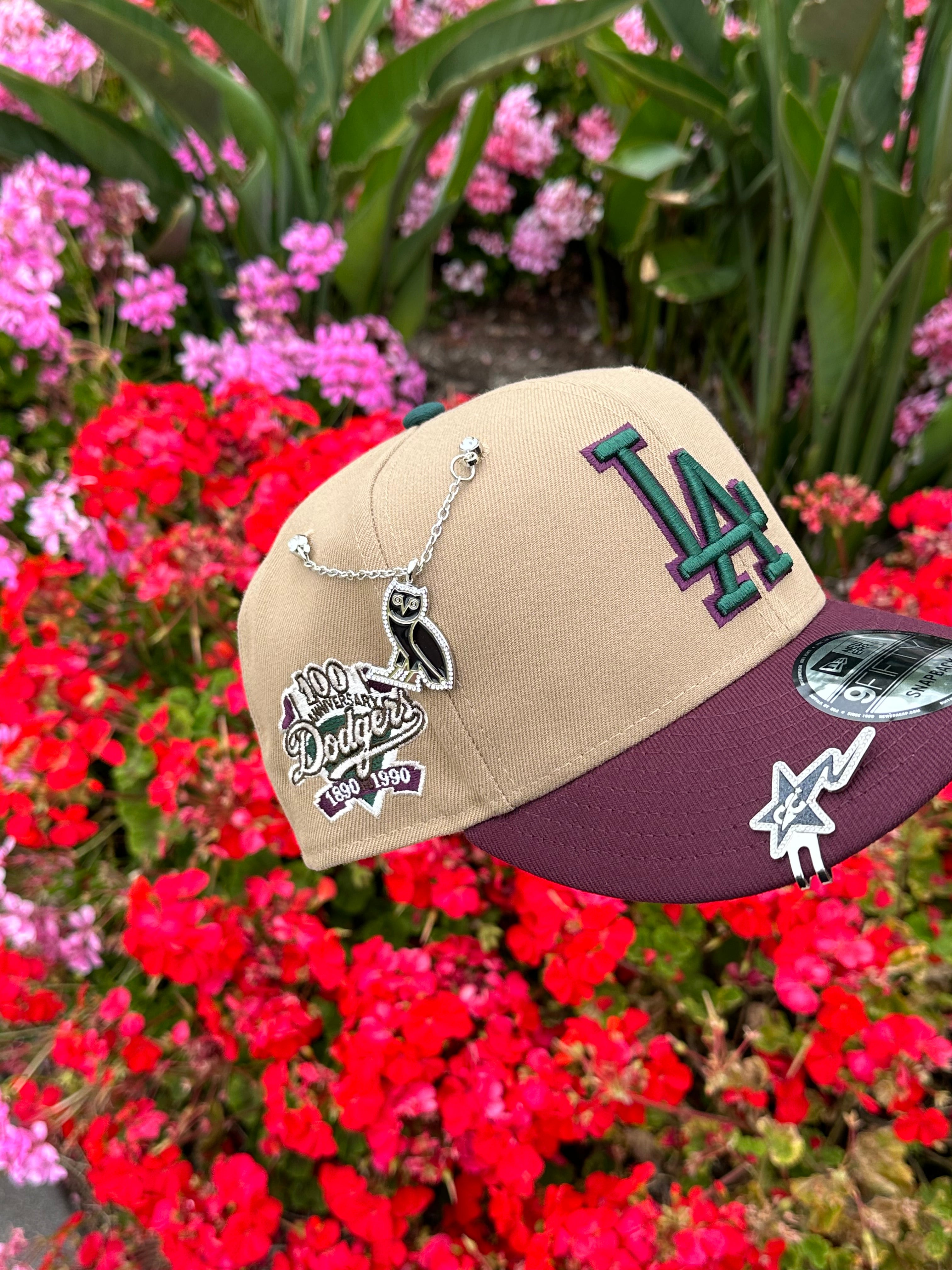 NEW ERA EXCLUSIVE 9FIFTY KHAKI/MAROON LOS ANGELES DODGERS SNAPBACK W/ 100TH ANNIVERSARY SIDE PATCH