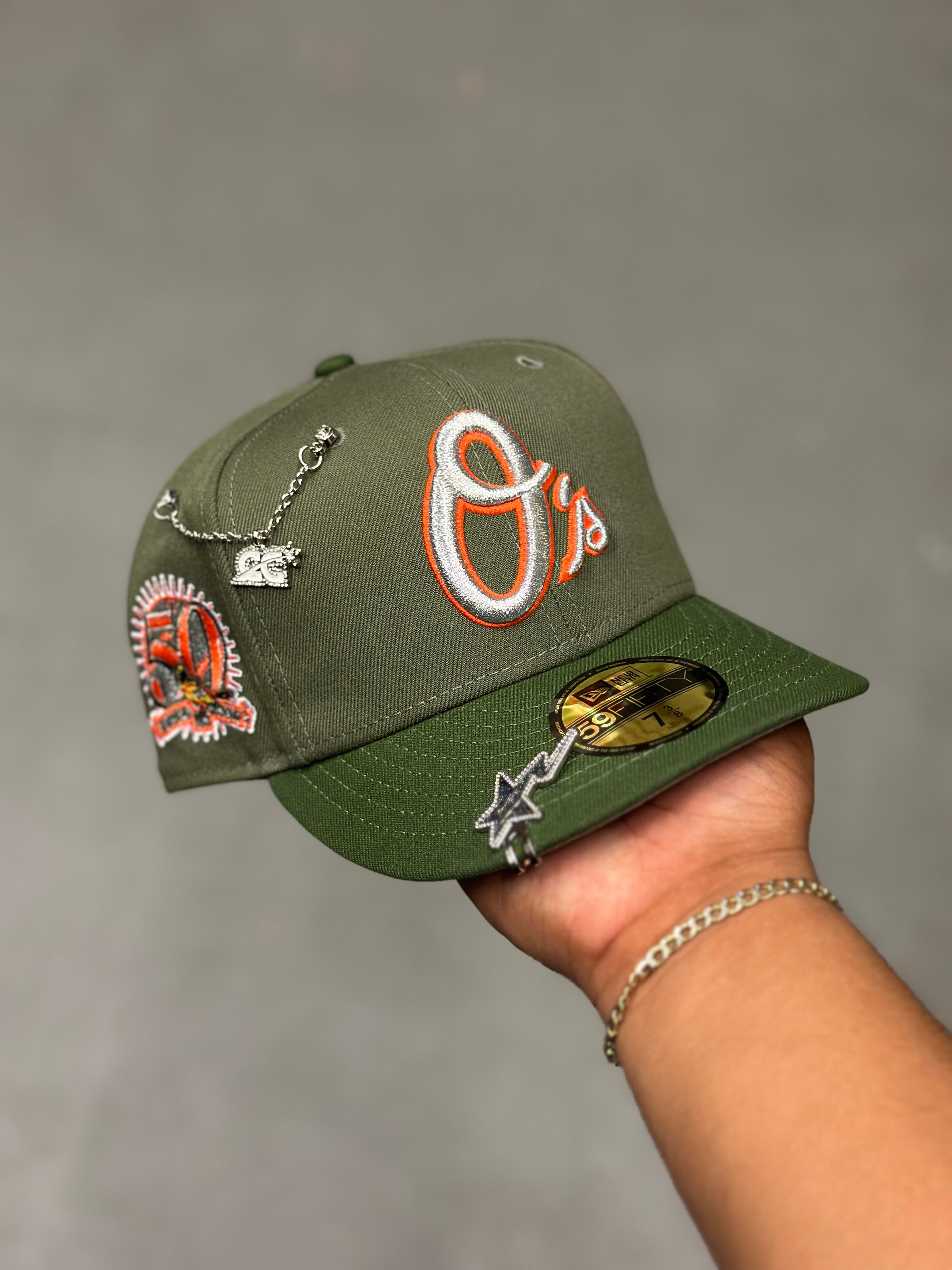 NEW ERA EXCLUSIVE 59FIFTY OLIVE/PINE GREEN BALTIMORE ORIOLES W/ 50TH ANNIVERSARY SIDE PATCH