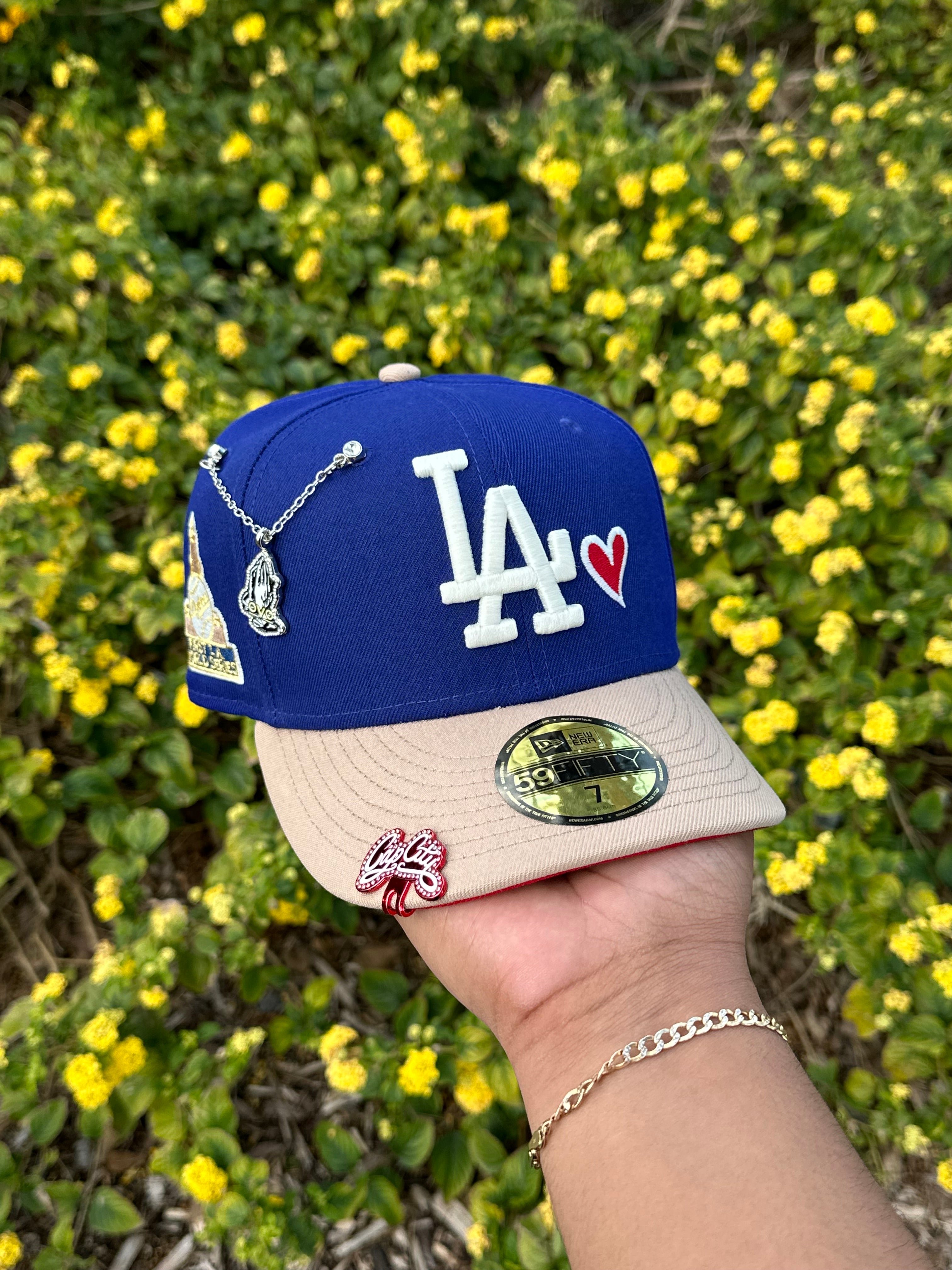 NEW ERA EXCLUSIVE 59FIFTY BLUE/KHAKI LOS ANGELES DODGERS W/ RED HEART + 1ST WORLD SERIES SIDE PATCH