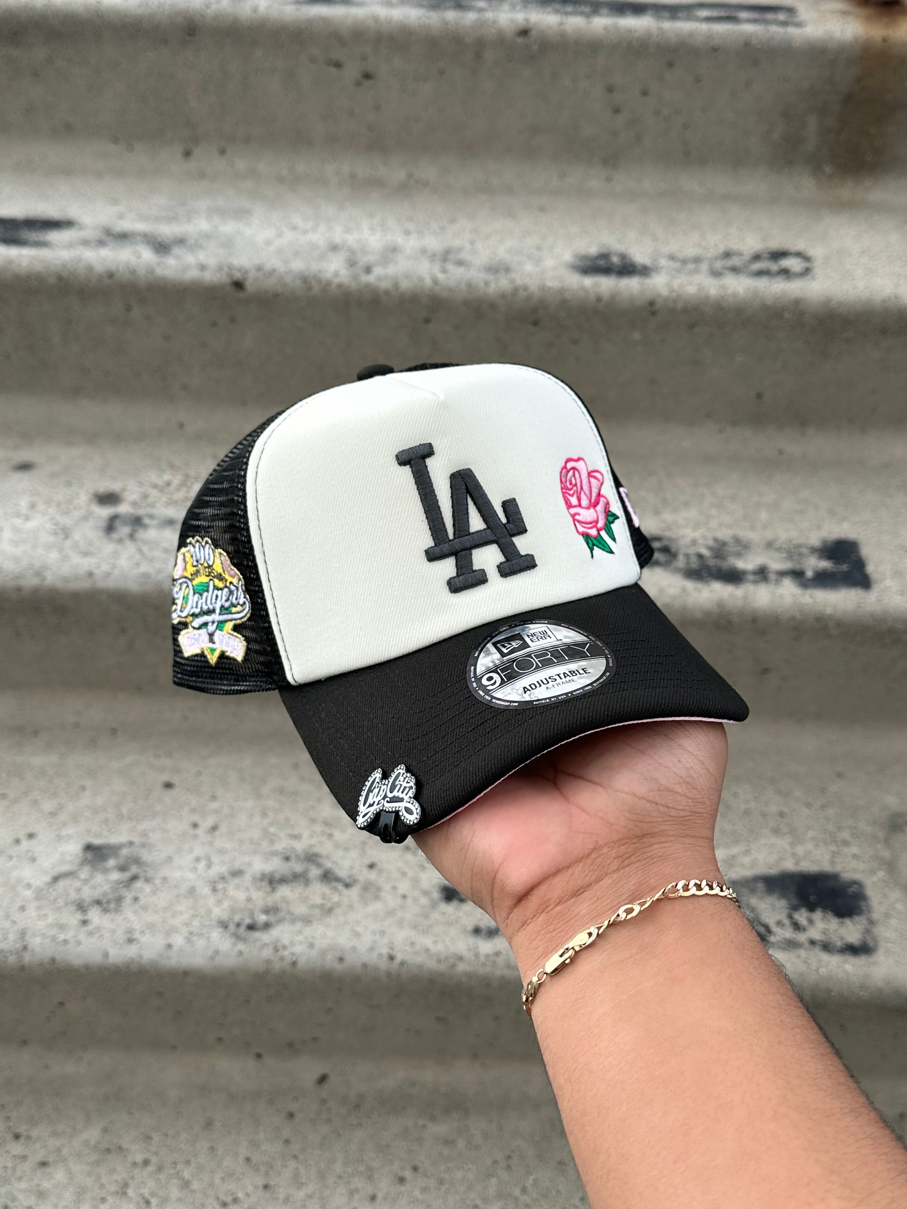 NEW ERA EXCLUSIVE 9FORTY A-FRAME WHITE/BLACK LOS ANGELES DODGERS W/ PINK ROSE + 100TH ANNIVERSARY SIDE PATCH